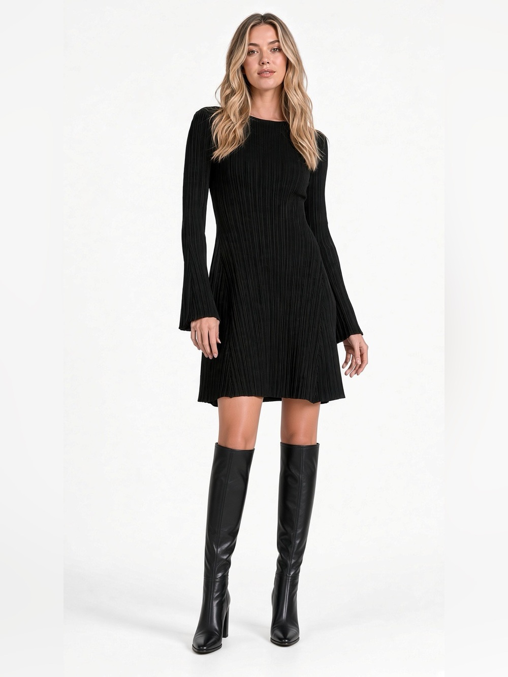 Elan Black Ribbed Knit Long-Sleeve Mini A-Line Dress XL NWT